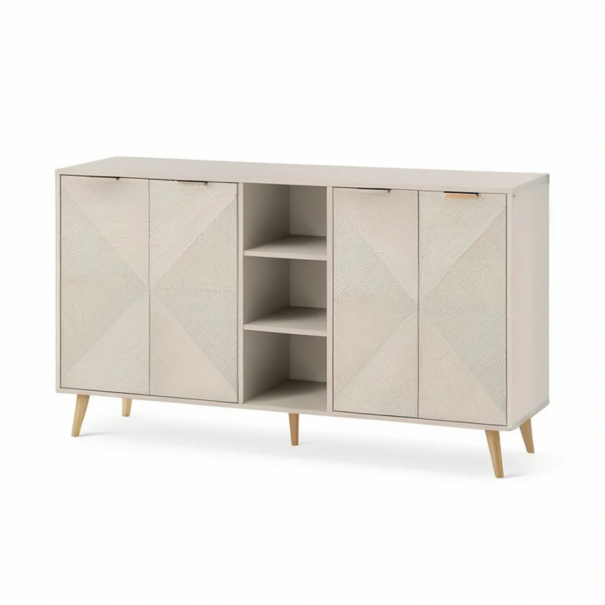 Kremowy kredens MDF 160 x 40 x 80 cm z 4 drzwiami i otwartymi półkami