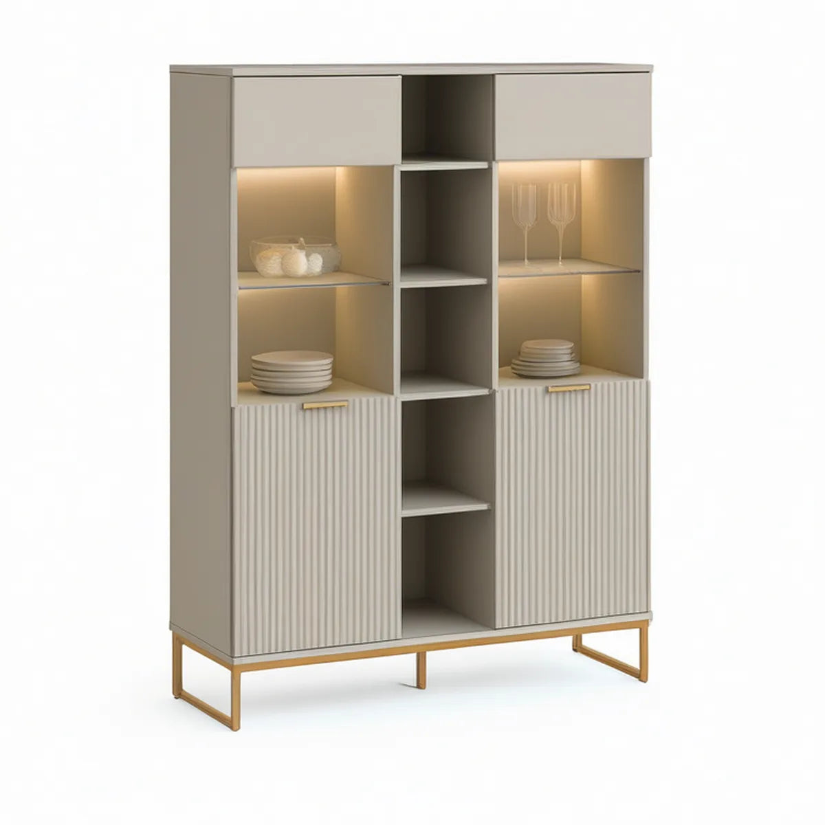 Kredens do jadalni 120 x 40 x 180 cm z MDF ze szkłem i oświetleniem LED, szarobeżowy i złoty