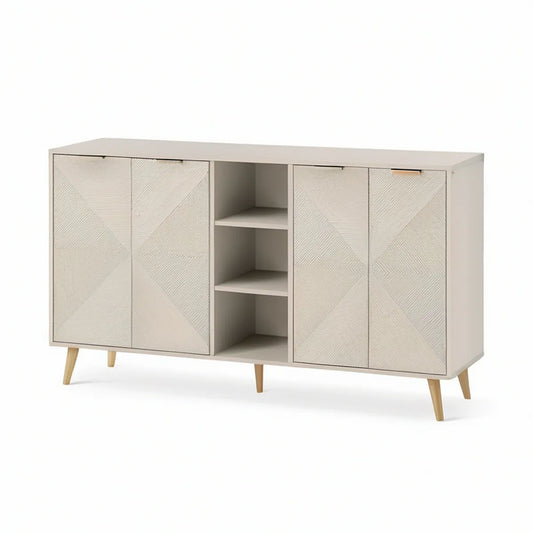 Kremowy kredens MDF 160 x 40 x 80 cm z 4 drzwiami i otwartymi półkami