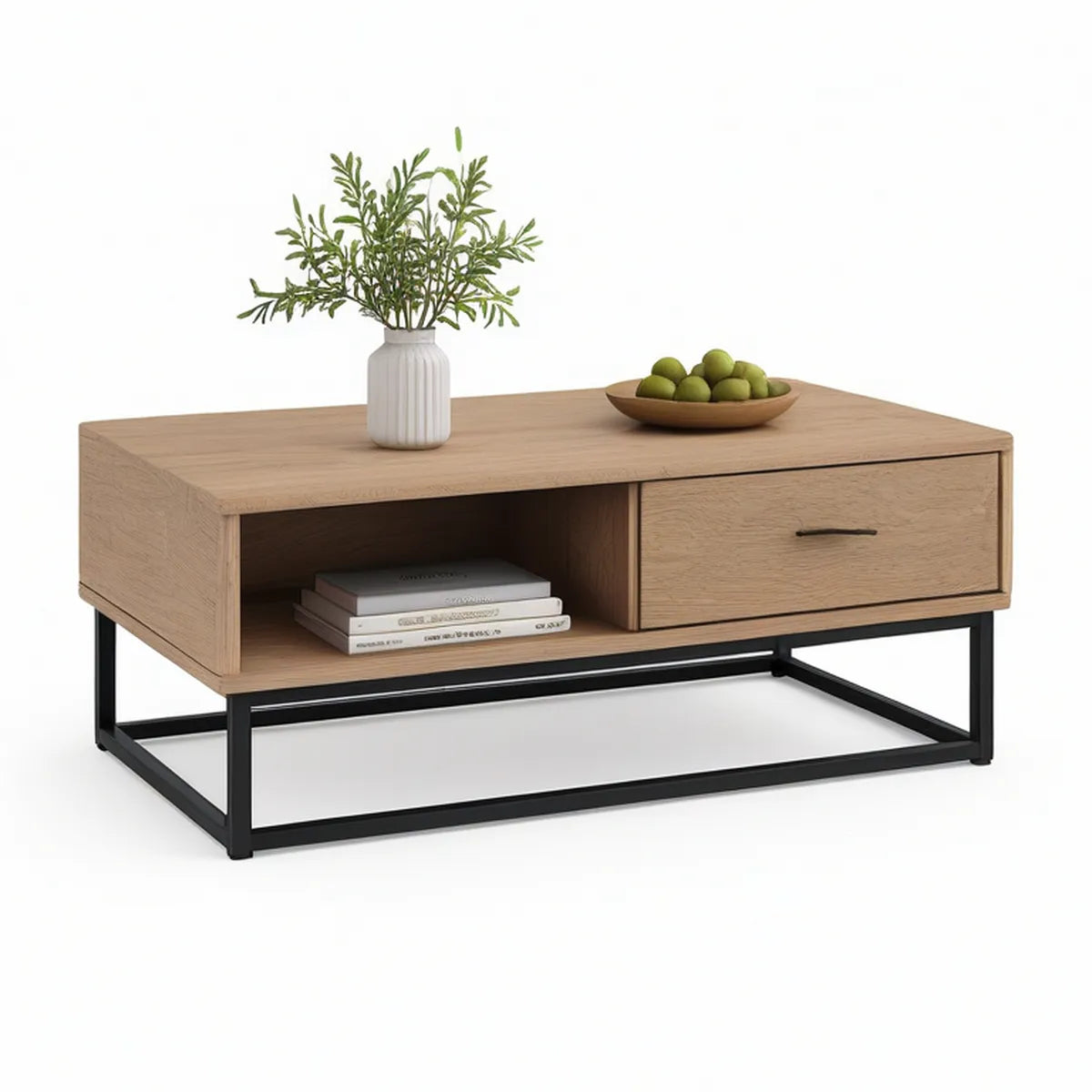 Prostokątny stolik kawowy 100 x 60 x 45 cm w dekorze dębu naturalnego z czarnym stalowym stelażem